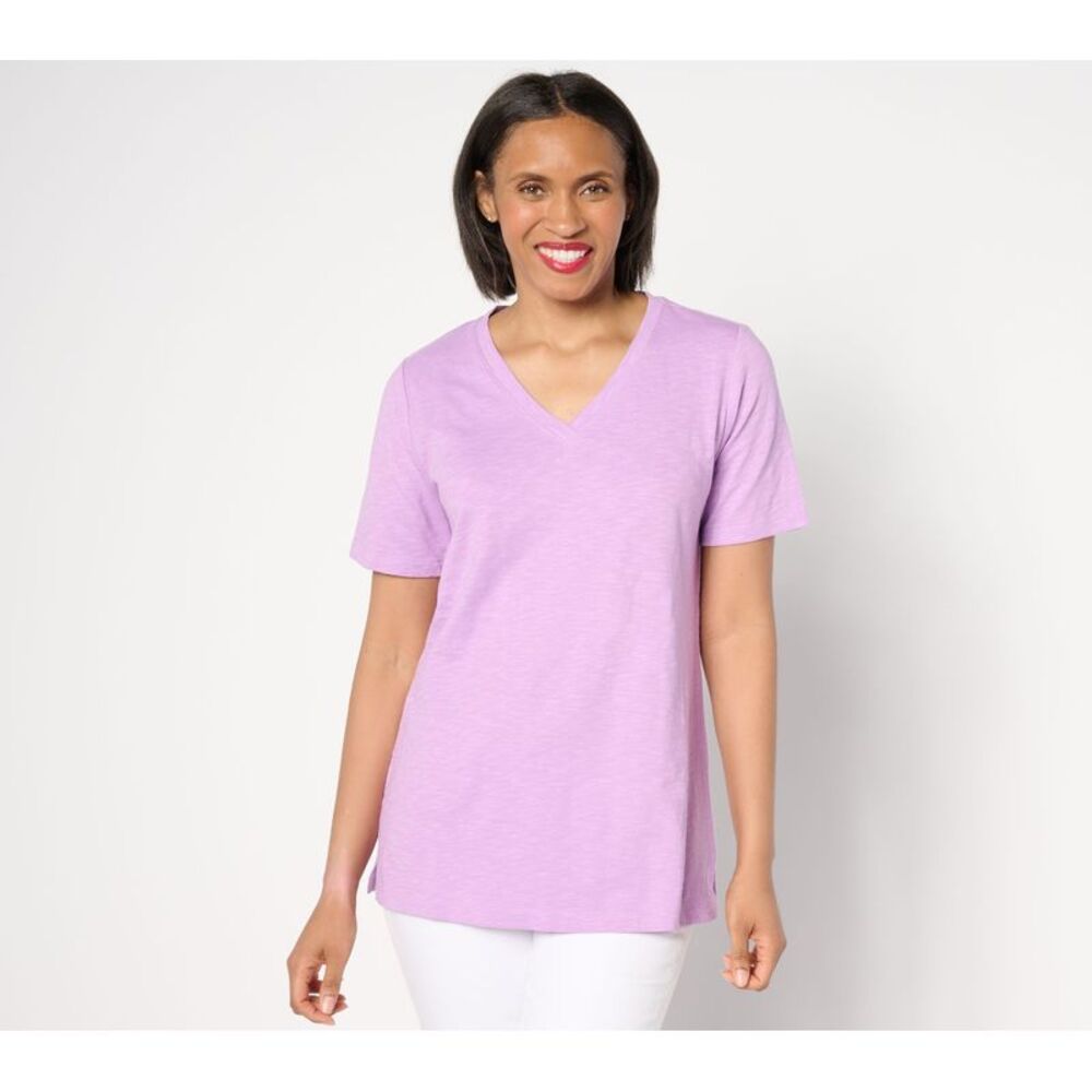 Denim & Co. Women's Top Plus Sz 1X Naturals Linen Blend Crossover Purple A644479